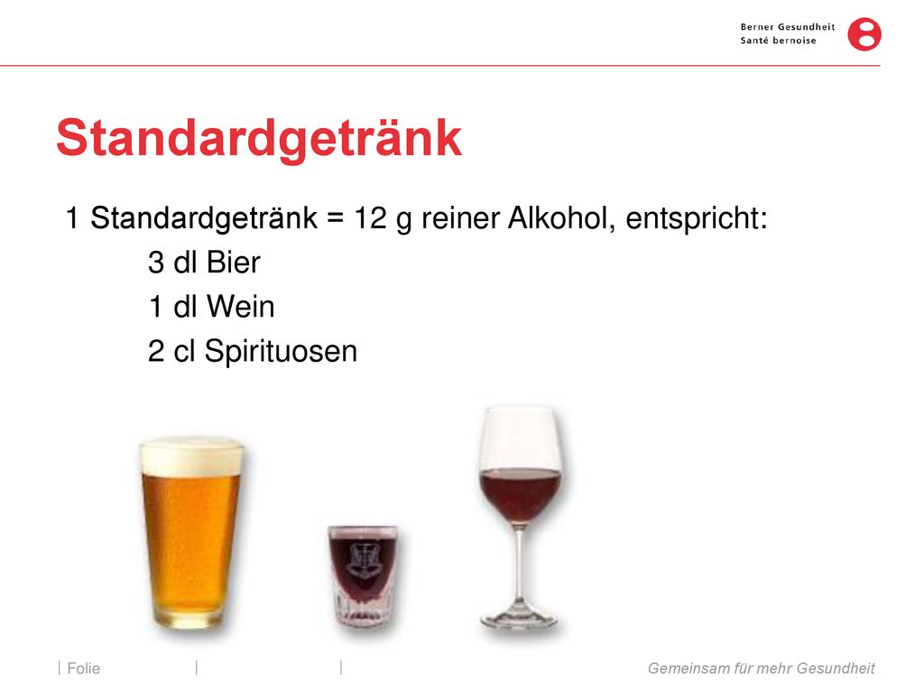 Standardgetränk 1 Standardgetränk = 12 g reiner Alkohol, entspricht: 3 dl Bier 1 dl Wein 2 cl Spirituosen