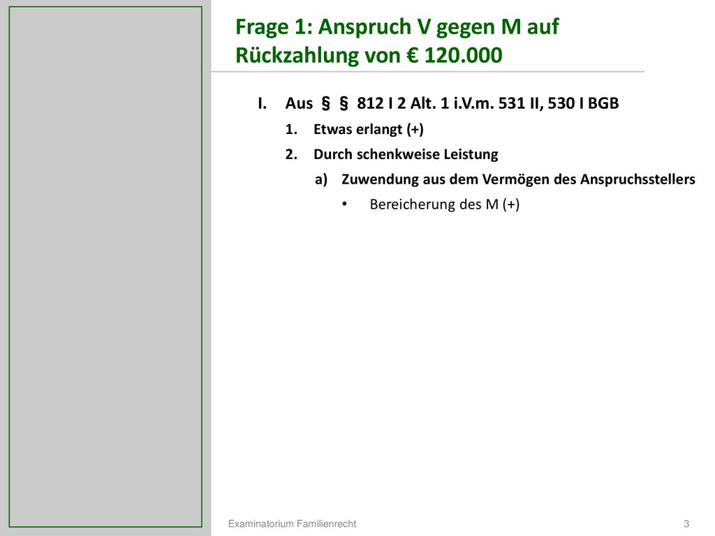 Frage 1: Anspruch V gegen M auf Rückzahlung von €