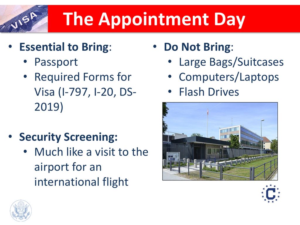 The Appointment Day Essential to Bring: Do Not Bring: Passport