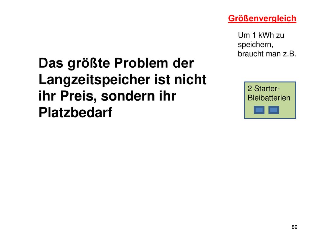 Größenvergleich Um 1 kWh zu speichern, braucht man z.B. Das größte Problem der Langzeitspeicher ist nicht ihr Preis, sondern ihr Platzbedarf.