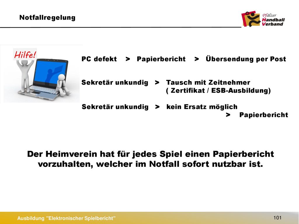 Notfallregelung PC defekt > Papierbericht > Übersendung per Post. Sekretär unkundig > Tausch mit Zeitnehmer.