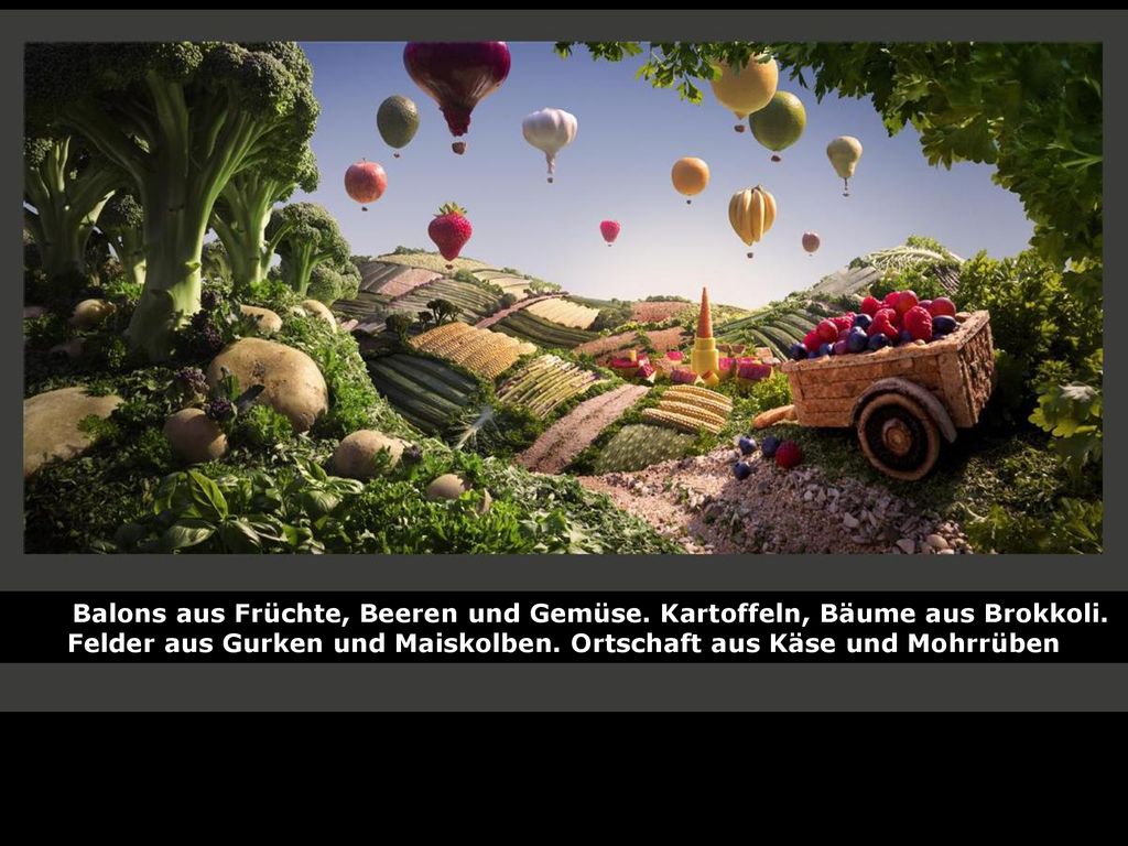 Balons aus Früchte, Beeren und Gemüse. Kartoffeln, Bäume aus Brokkoli