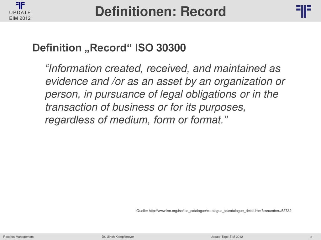 Definitionen: Record Definition „Record ISO 30300