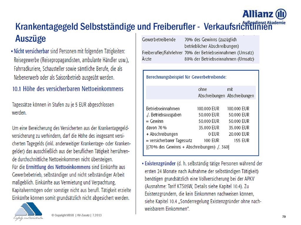 Krankentagegeld Selbstständige und Freiberufler - Verkaufsrichtlinien Auszüge