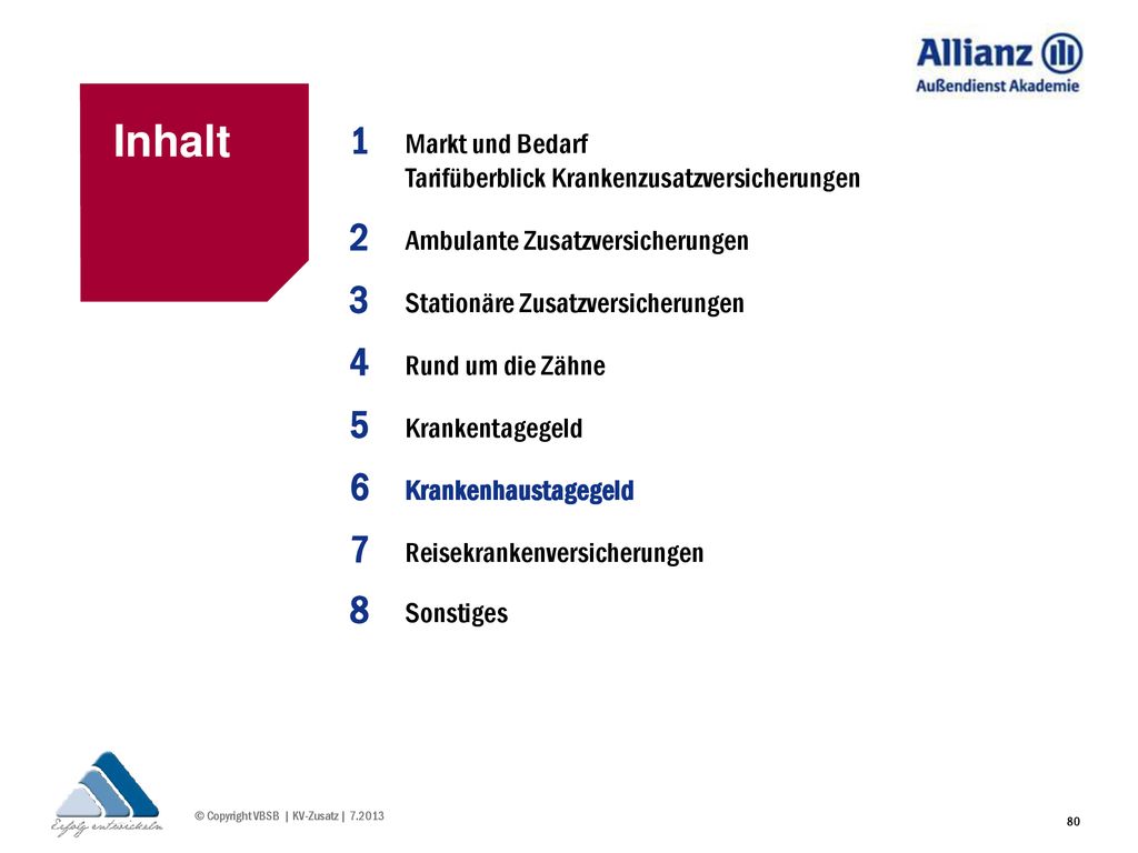 Inhalt 1. Markt und Bedarf Tarifüberblick Krankenzusatzversicherungen. 2. Ambulante Zusatzversicherungen.