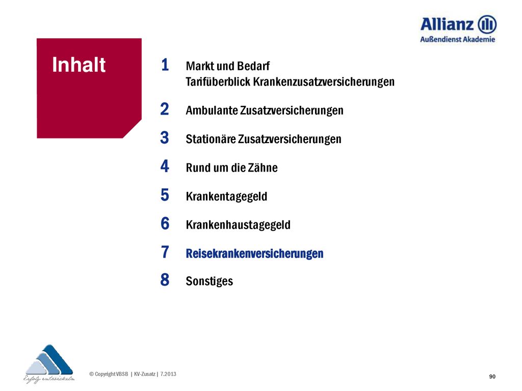Inhalt 1. Markt und Bedarf Tarifüberblick Krankenzusatzversicherungen. 2. Ambulante Zusatzversicherungen.