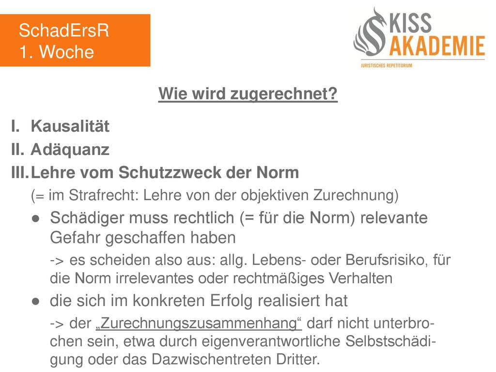SchadErsR 1. Woche Wie wird zugerechnet I. Kausalität II. Adäquanz