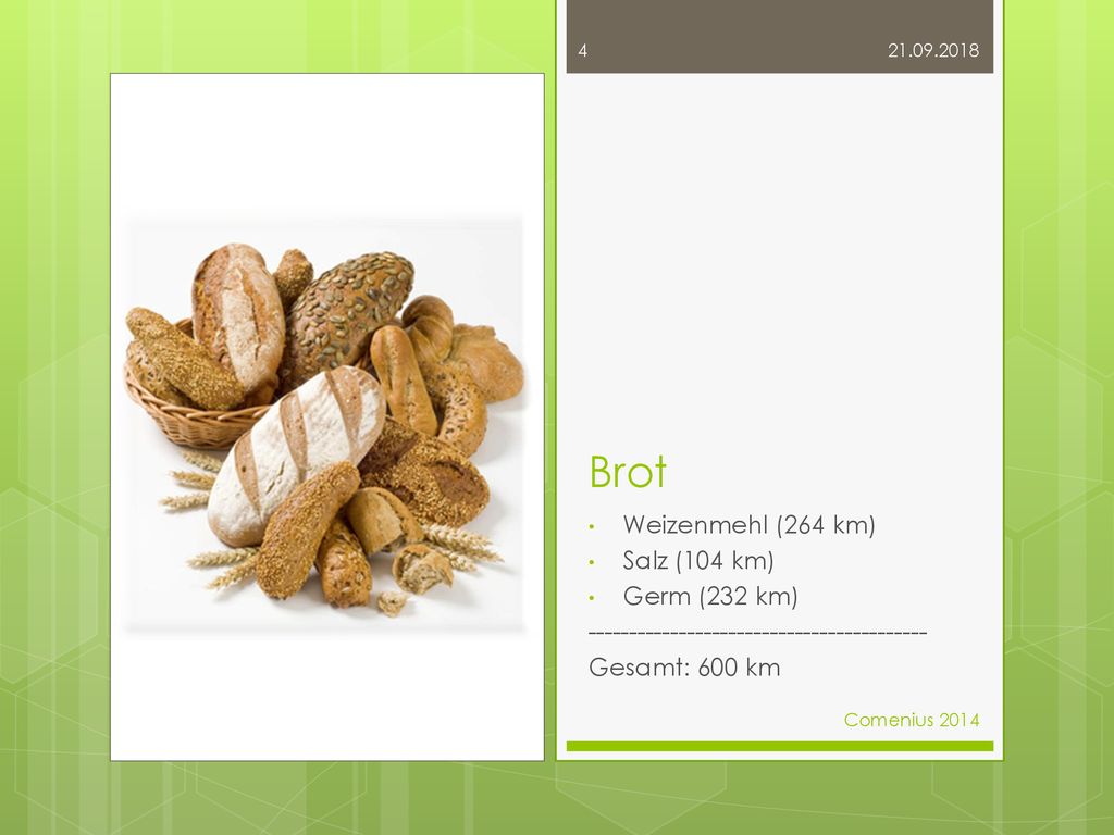Brot Weizenmehl (264 km) Salz (104 km) Germ (232 km)