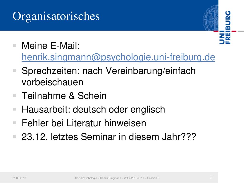 Sozialpsychologie – Henrik Singmann – WiSe 2010/2011 – Session 2