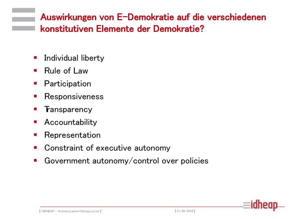 Auswirkungen von E-Demokratie auf die verschiedenen konstitutiven Elemente der Demokratie