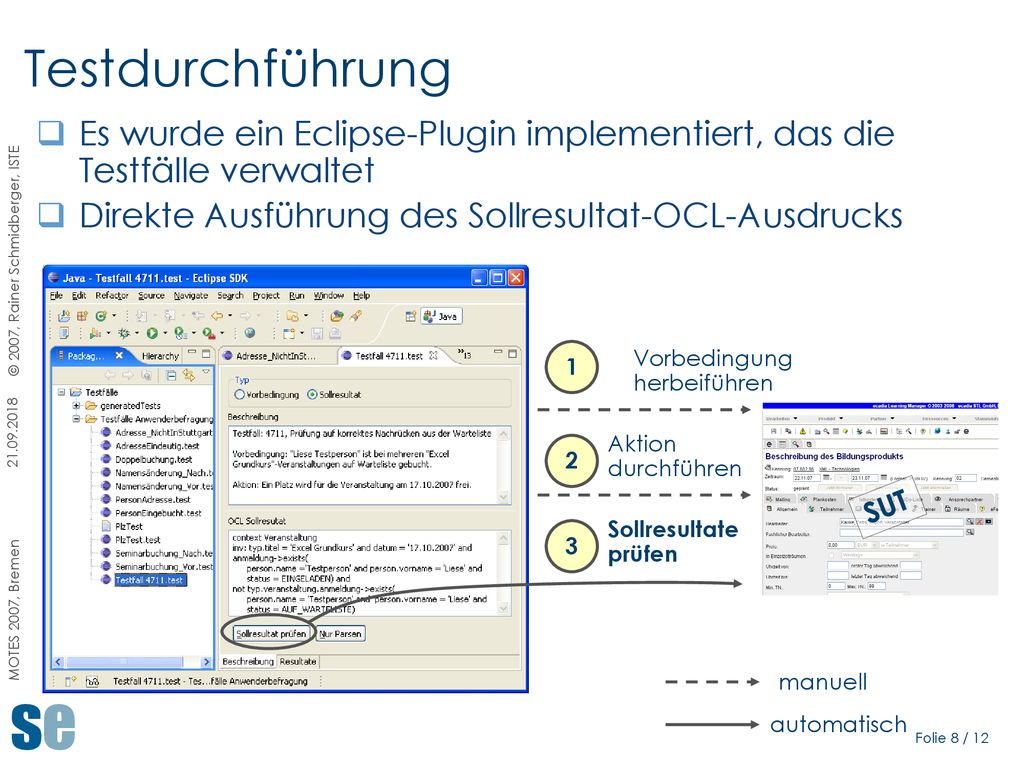 Testdurchführung Es wurde ein Eclipse-Plugin implementiert, das die Testfälle verwaltet. Direkte Ausführung des Sollresultat-OCL-Ausdrucks.