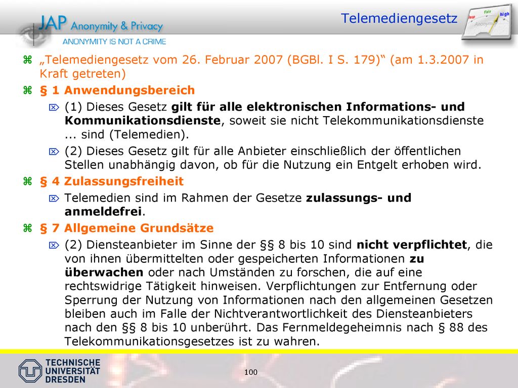 Telemediengesetz „Telemediengesetz vom 26. Februar 2007 (BGBl. I S. 179) (am in Kraft getreten)