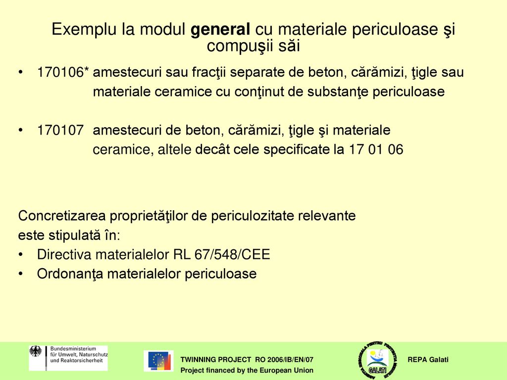 Exemplu la modul general cu materiale periculoase şi compuşii săi