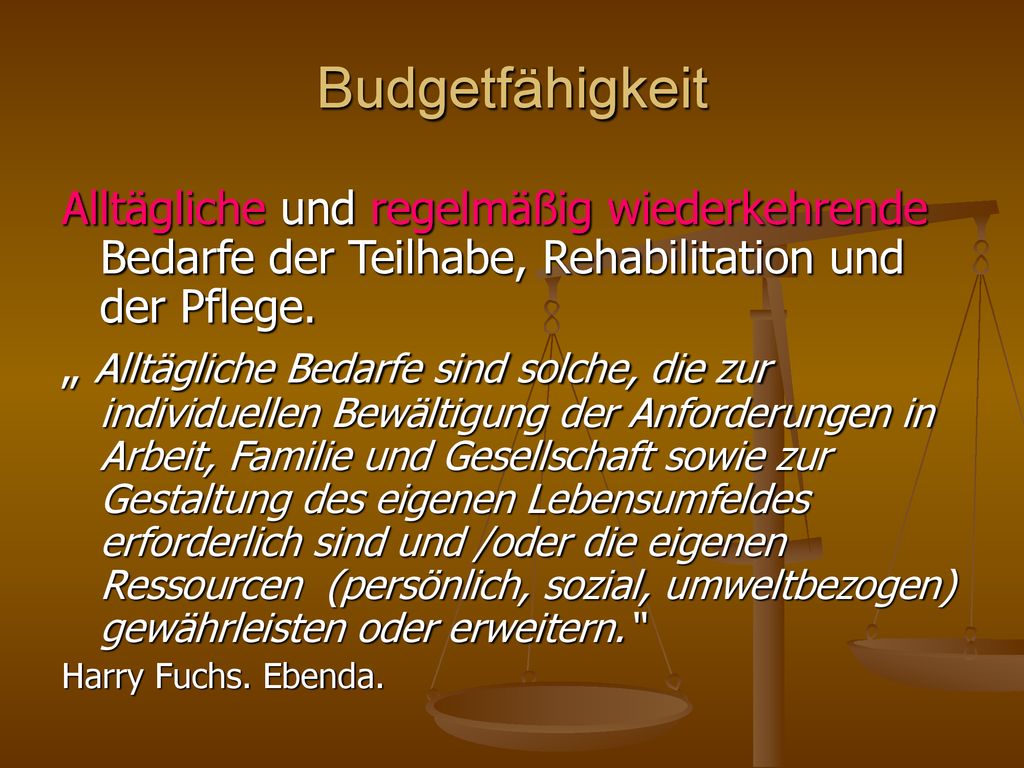 Budgetfähigkeit Alltägliche und regelmäßig wiederkehrende Bedarfe der Teilhabe, Rehabilitation und der Pflege.