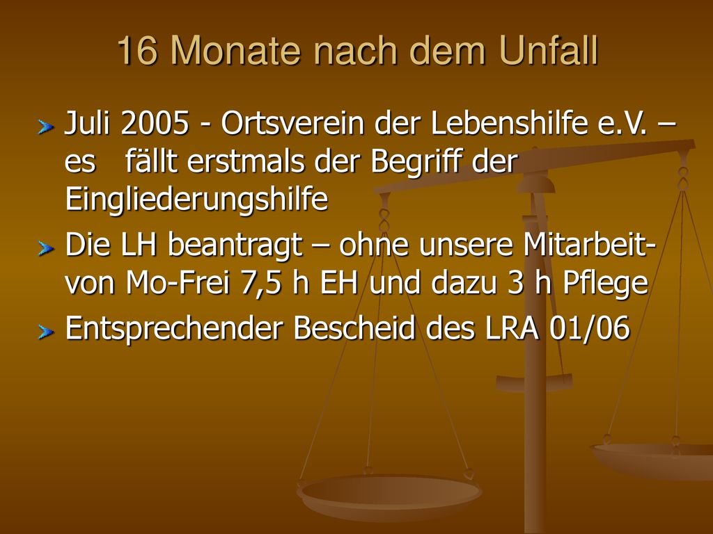 16 Monate nach dem Unfall Juli Ortsverein der Lebenshilfe e.V. – es fällt erstmals der Begriff der Eingliederungshilfe.