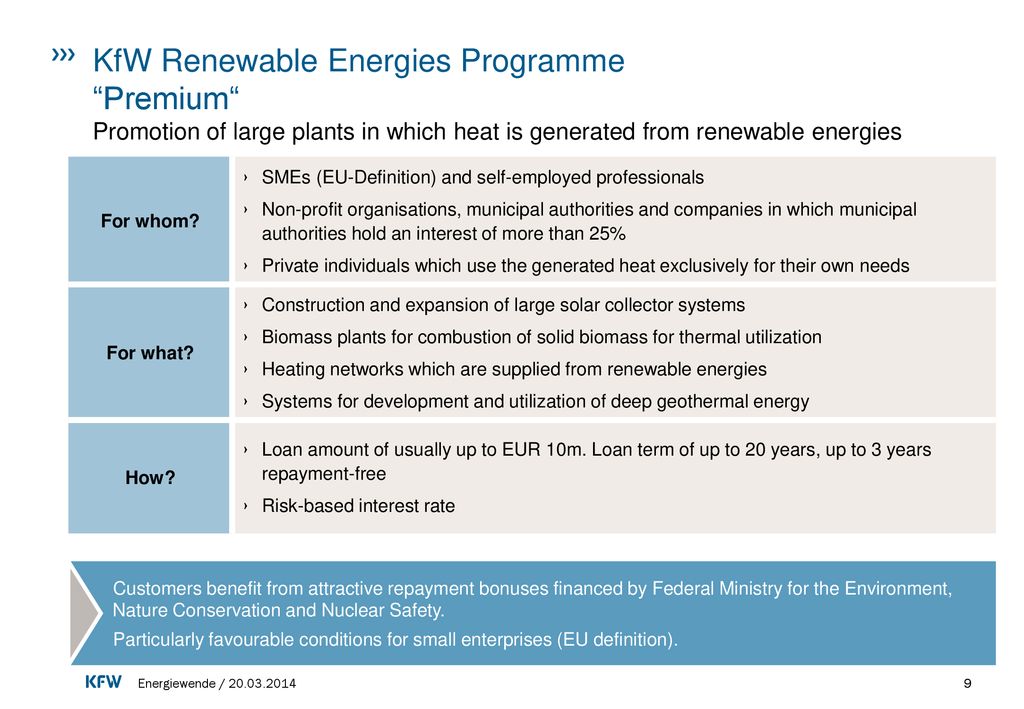 KfW Renewable Energies Programme Premium Promotion of large plants in which heat is generated from renewable energies