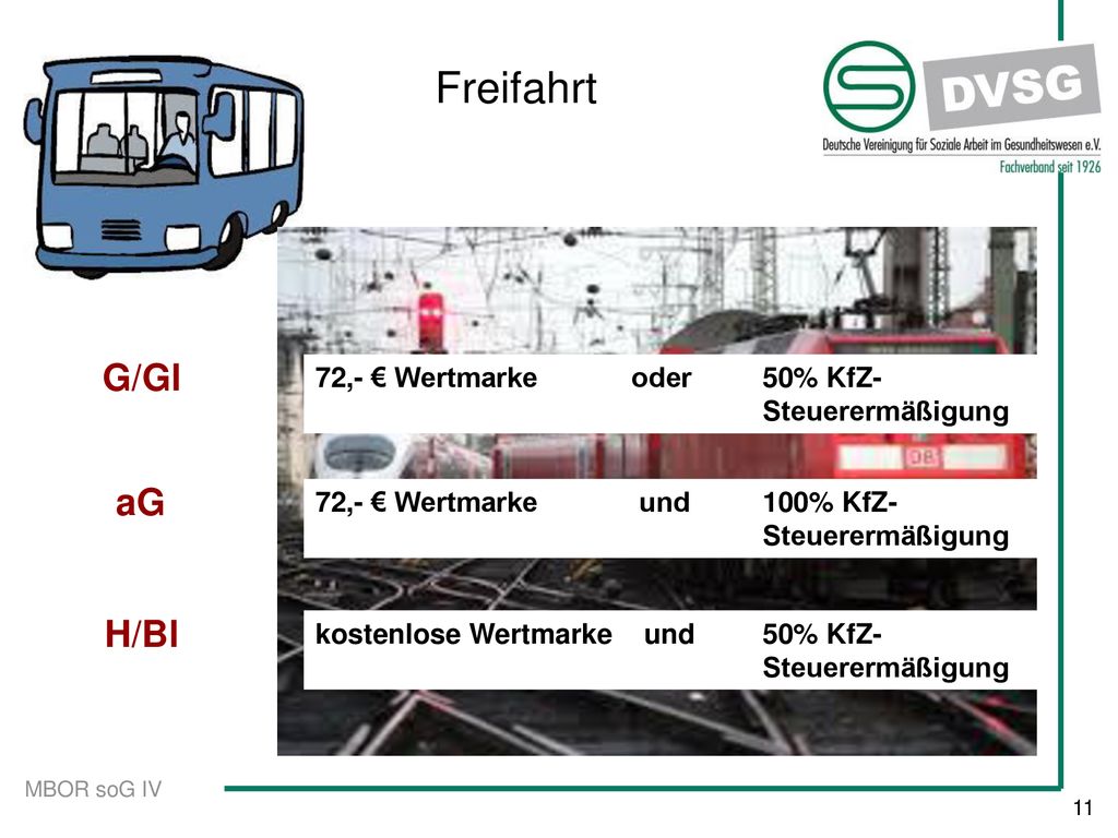 Freifahrt G/Gl aG H/Bl 72,- € Wertmarke oder 50% KfZ- Steuerermäßigung