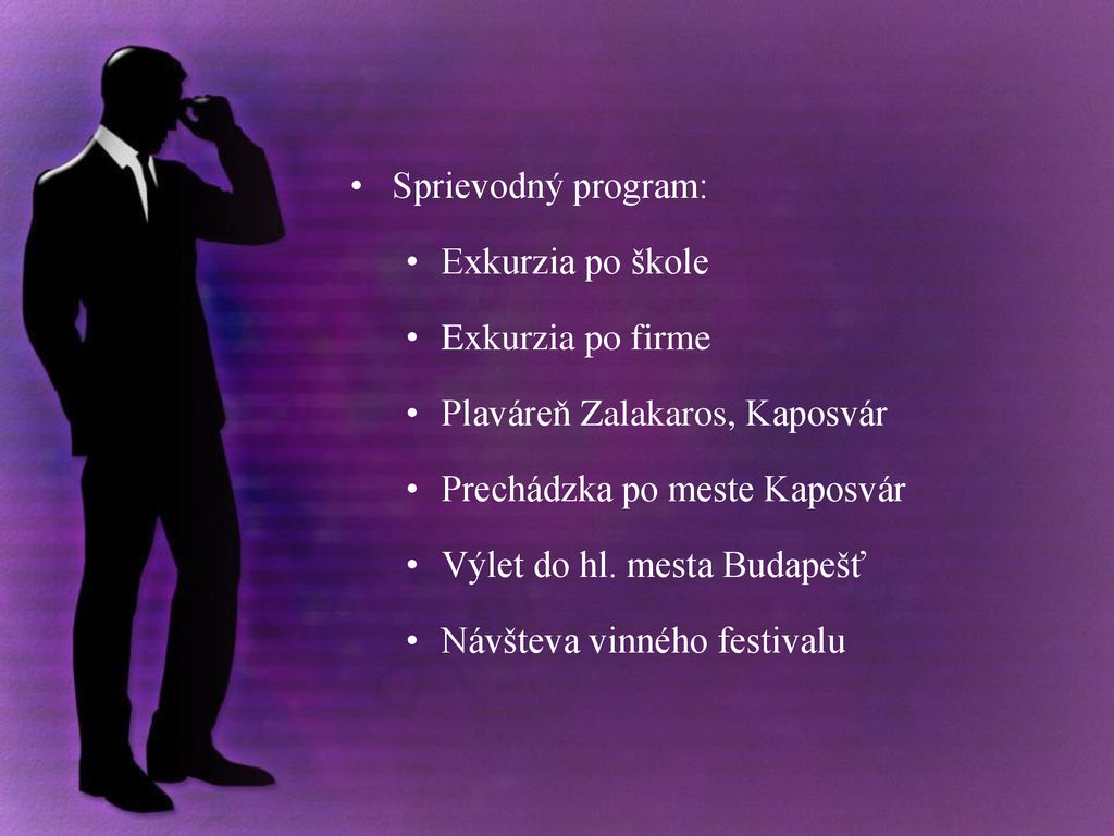 Sprievodný program: Exkurzia po škole. Exkurzia po firme. Plaváreň Zalakaros, Kaposvár. Prechádzka po meste Kaposvár.