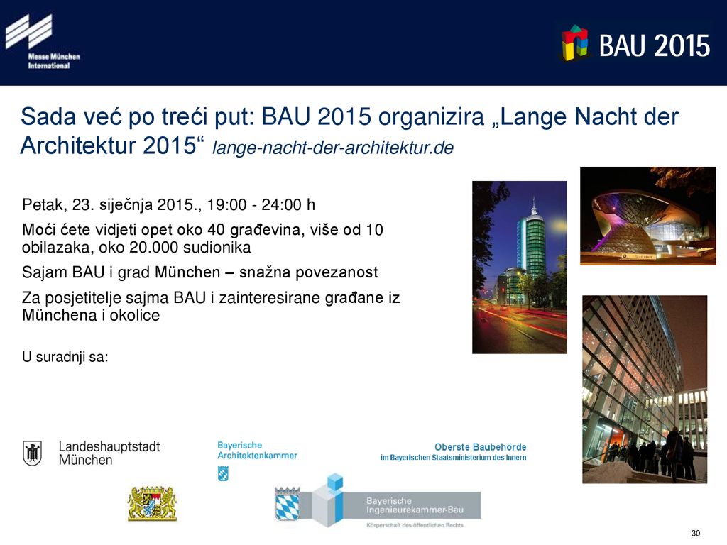 Sada već po treći put: BAU 2015 organizira „Lange Nacht der Architektur 2015 lange-nacht-der-architektur.de