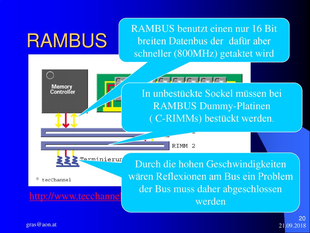 RAMBUS benutzt einen nur 16 Bit breiten Datenbus der dafür aber schneller (800MHz) getaktet wird