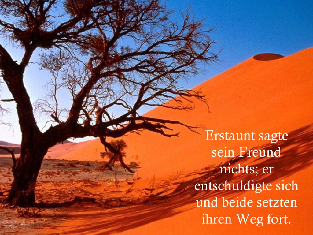 Erstaunt sagte sein Freund nichts; er entschuldigte sich und beide setzten ihren Weg fort.
