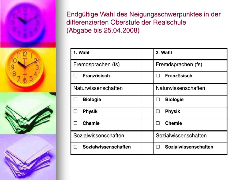 Endgültige Wahl des Neigungsschwerpunktes in der differenzierten Oberstufe der Realschule (Abgabe bis )