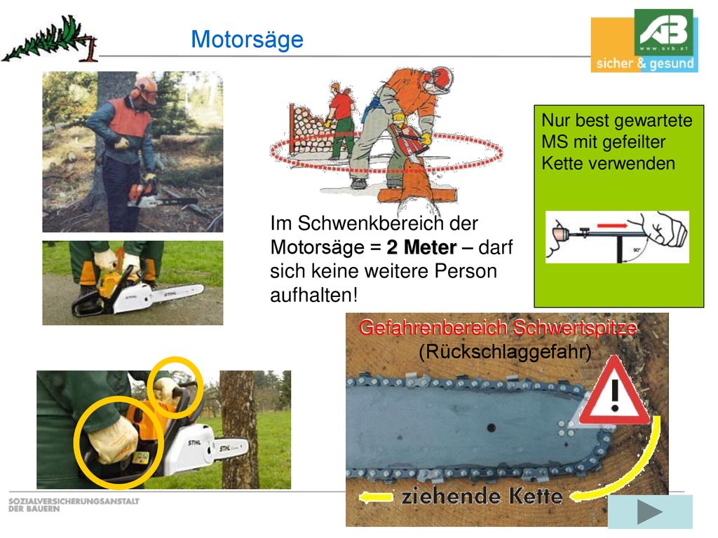 Motorsäge Nur best gewartete MS mit gefeilter Kette verwenden. Im Schwenkbereich der Motorsäge = 2 Meter – darf sich keine weitere Person aufhalten!