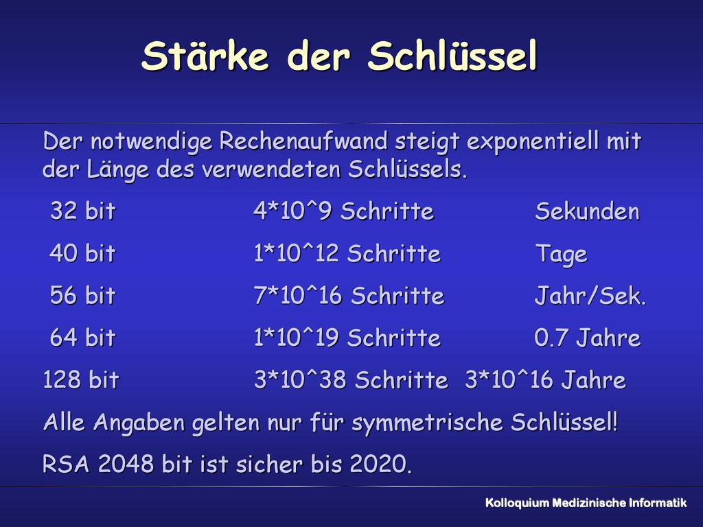 Stärke der Schlüssel Der notwendige Rechenaufwand steigt exponentiell mit der Länge des verwendeten Schlüssels.