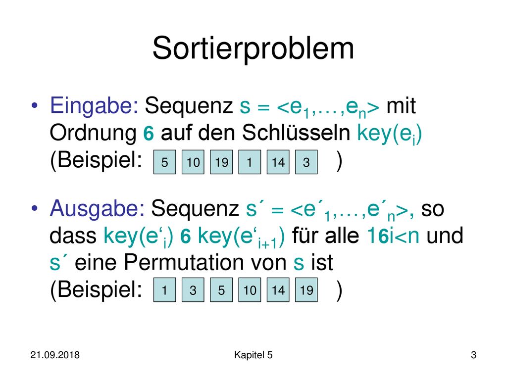 Sortierproblem Eingabe: Sequenz s = <e1,…,en> mit Ordnung 6 auf den Schlüsseln key(ei) (Beispiel: )