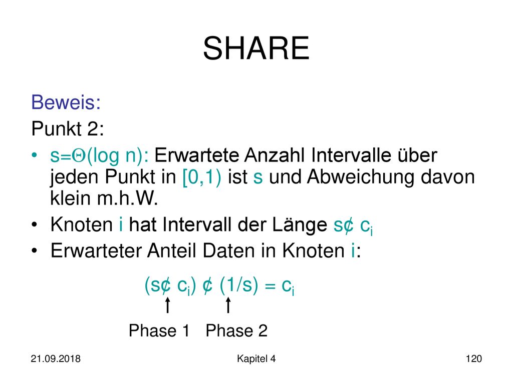 SHARE Beweis: Punkt 2: s=(log n): Erwartete Anzahl Intervalle über jeden Punkt in [0,1) ist s und Abweichung davon klein m.h.W.