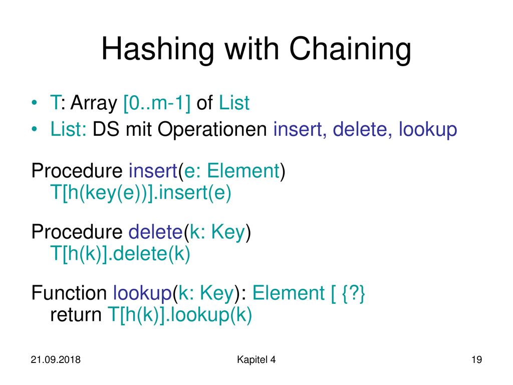 Hashing with Chaining T: Array [0..m-1] of List
