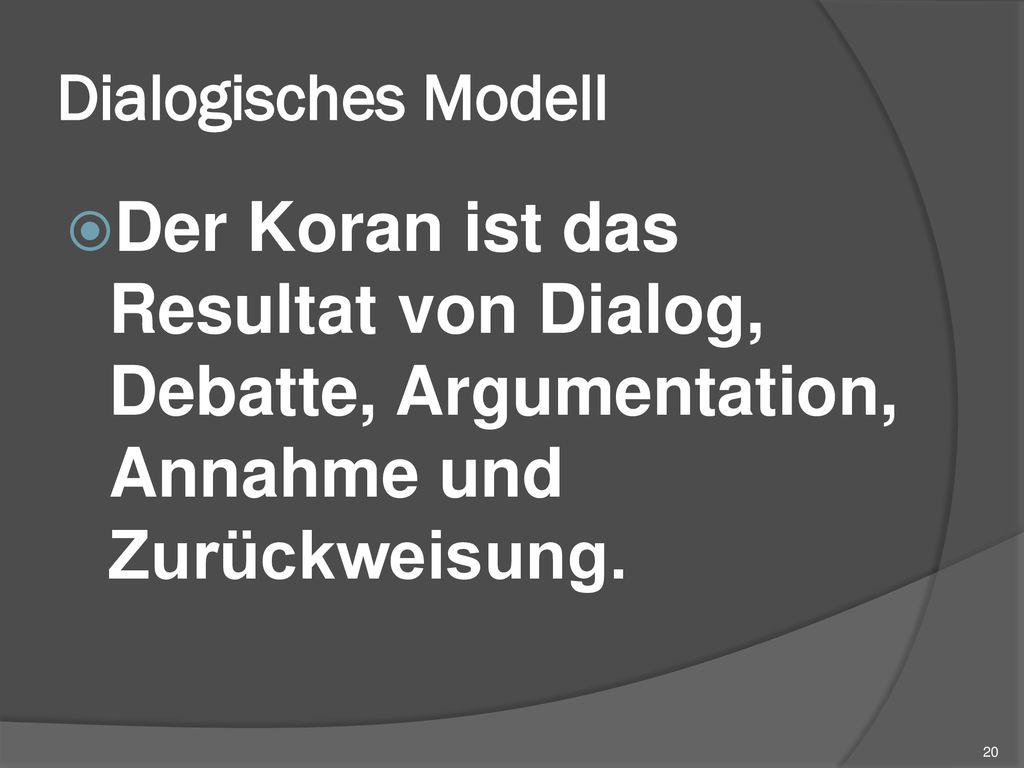 Dialogisches Modell Der Koran ist das Resultat von Dialog, Debatte, Argumentation, Annahme und Zurückweisung.