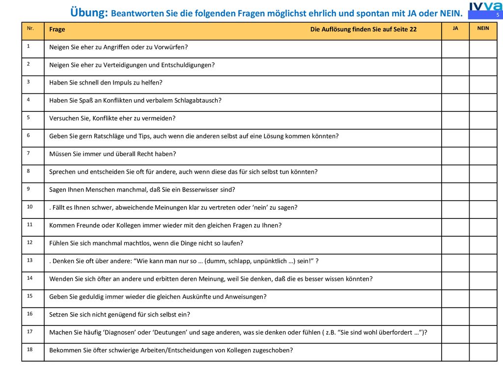 Übung: Beantworten Sie die folgenden Fragen möglichst ehrlich und spontan mit JA oder NEIN.