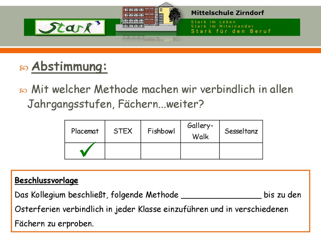 Abstimmung: Mit welcher Methode machen wir verbindlich in allen Jahrgangsstufen, Fächern...weiter