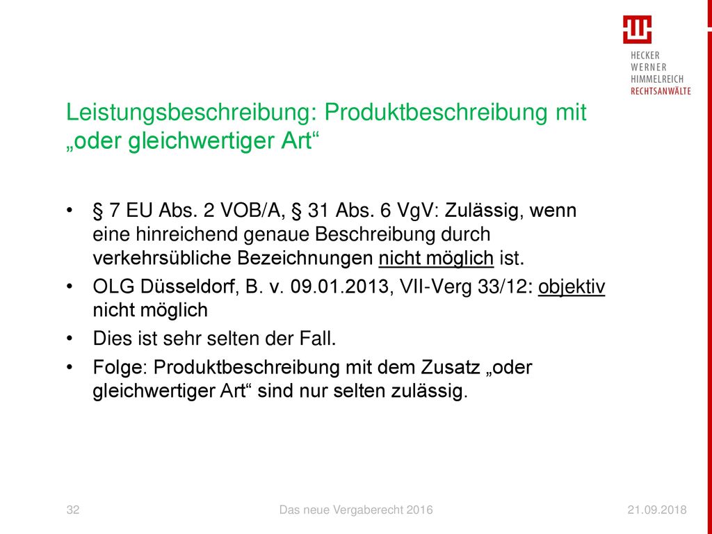 Leistungsbeschreibung: Produktbeschreibung mit „oder gleichwertiger Art