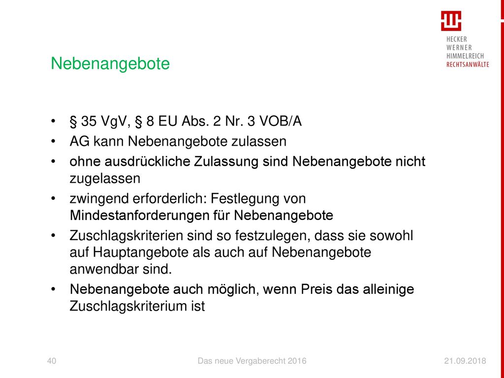 Nebenangebote § 35 VgV, § 8 EU Abs. 2 Nr. 3 VOB/A