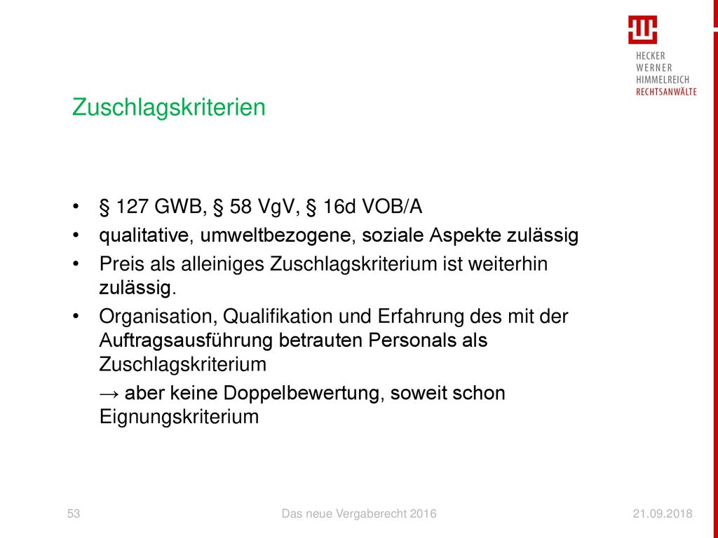 Zuschlagskriterien § 127 GWB, § 58 VgV, § 16d VOB/A
