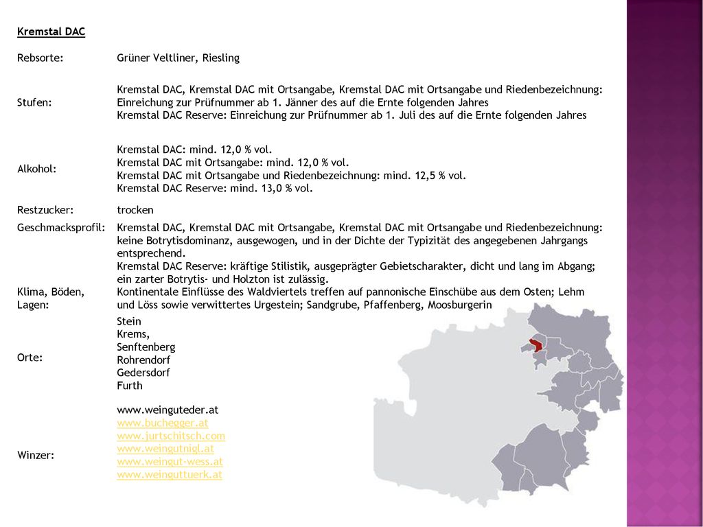 Kremstal DAC Rebsorte: Grüner Veltliner, Riesling. Stufen: