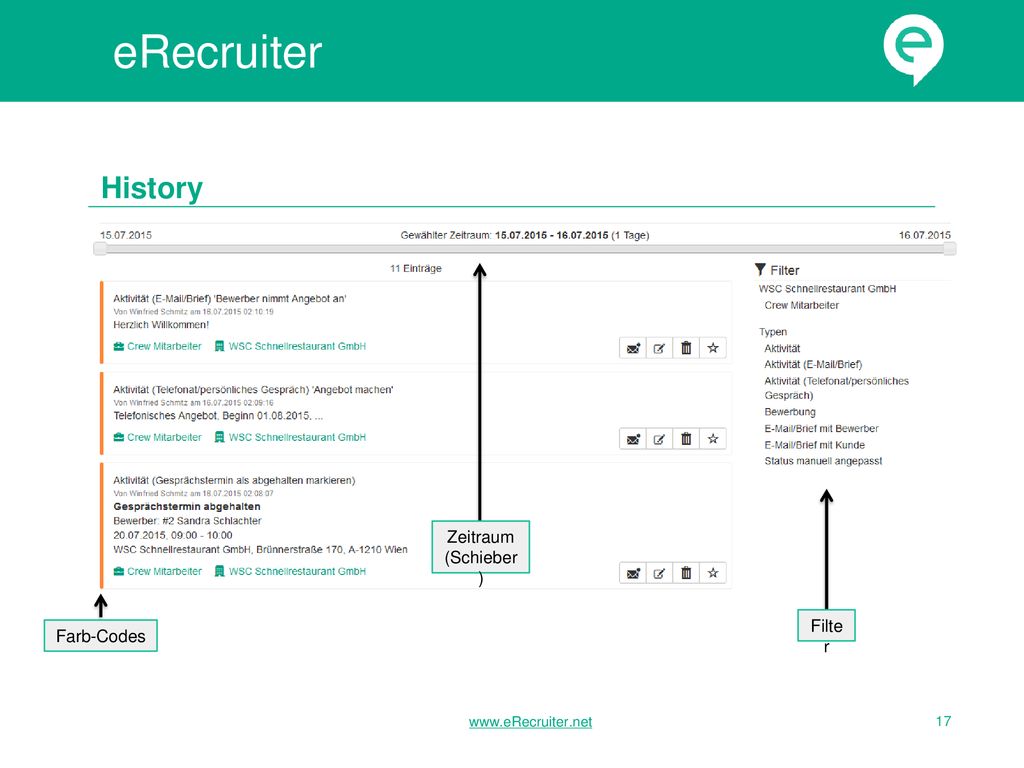 eRecruiter History Zeitraum (Schieber) Filter Farb-Codes