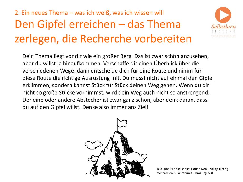 2. Ein neues Thema – was ich weiß, was ich wissen will Den Gipfel erreichen – das Thema zerlegen, die Recherche vorbereiten