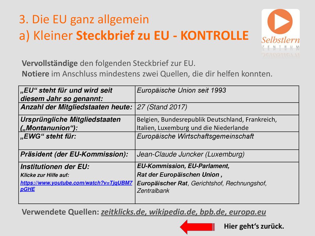 3. Die EU ganz allgemein a) Kleiner Steckbrief zu EU - KONTROLLE