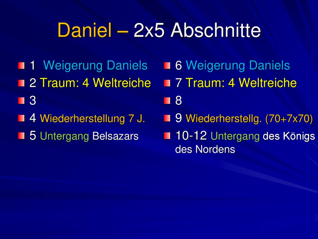 Daniel – 2x5 Abschnitte 1 Weigerung Daniels 2 Traum: 4 Weltreiche 3