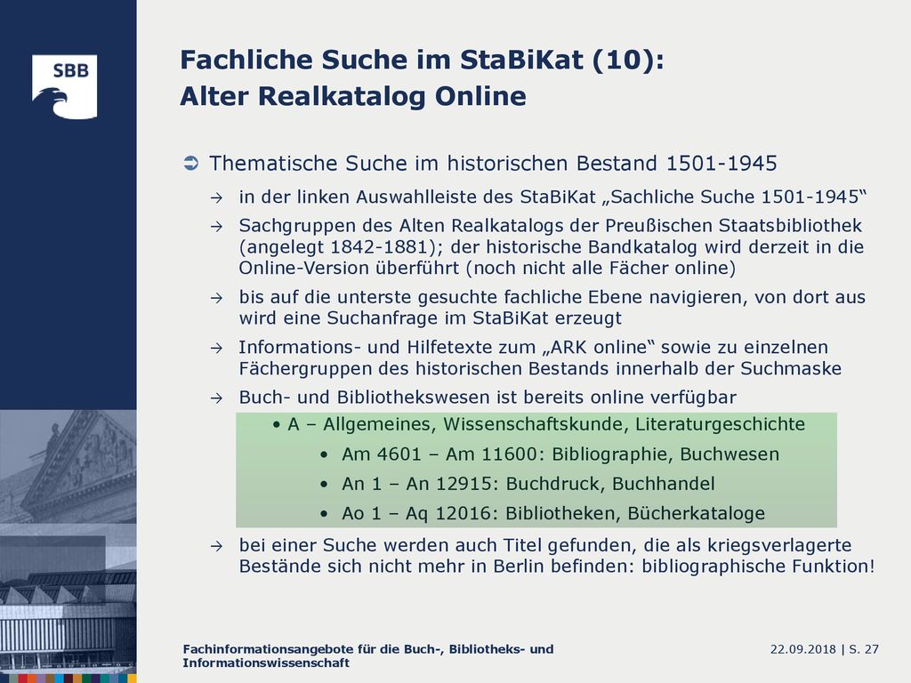 Fachliche Suche im StaBiKat (10): Alter Realkatalog Online