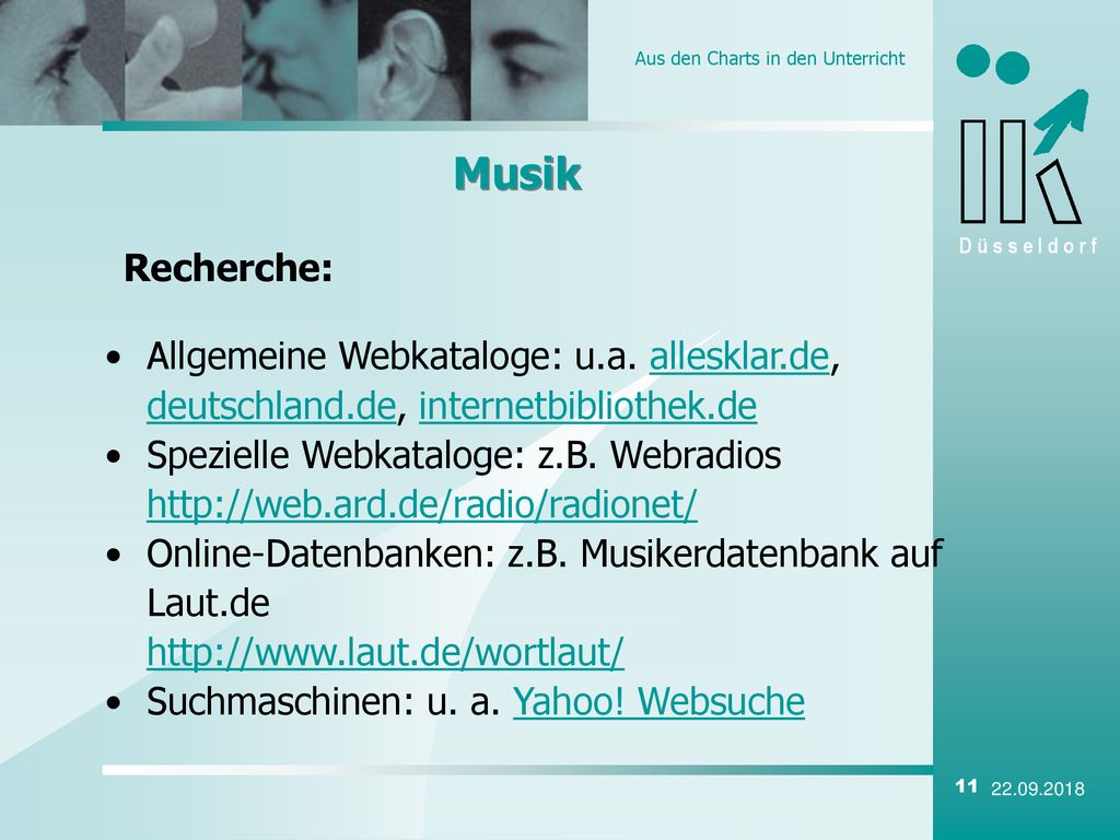 Musik Recherche: Allgemeine Webkataloge: u.a. allesklar.de, deutschland.de, internetbibliothek.de.