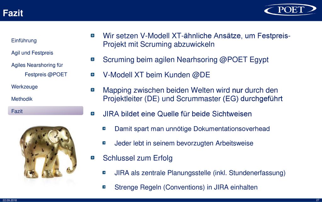 Fazit Wir setzen V-Modell XT-ähnliche Ansätze, um Festpreis- Projekt mit Scruming abzuwickeln. Scruming beim agilen Egypt.