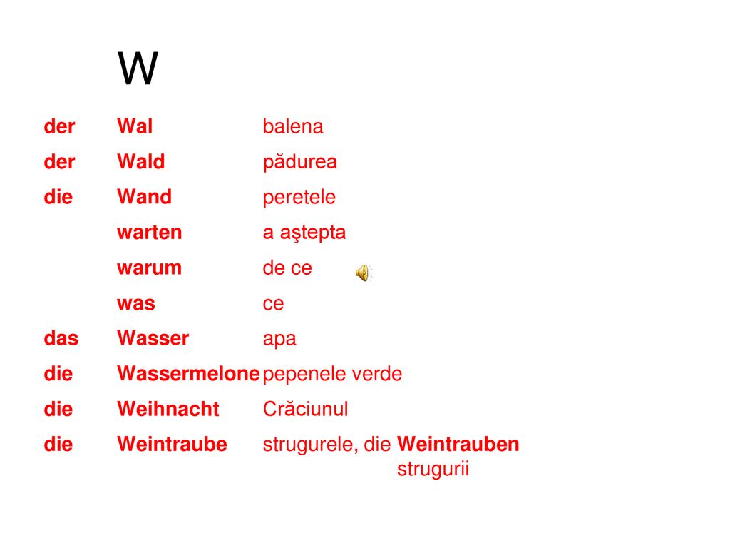 W der Wal balena der Wald pădurea die Wand peretele warten a aştepta