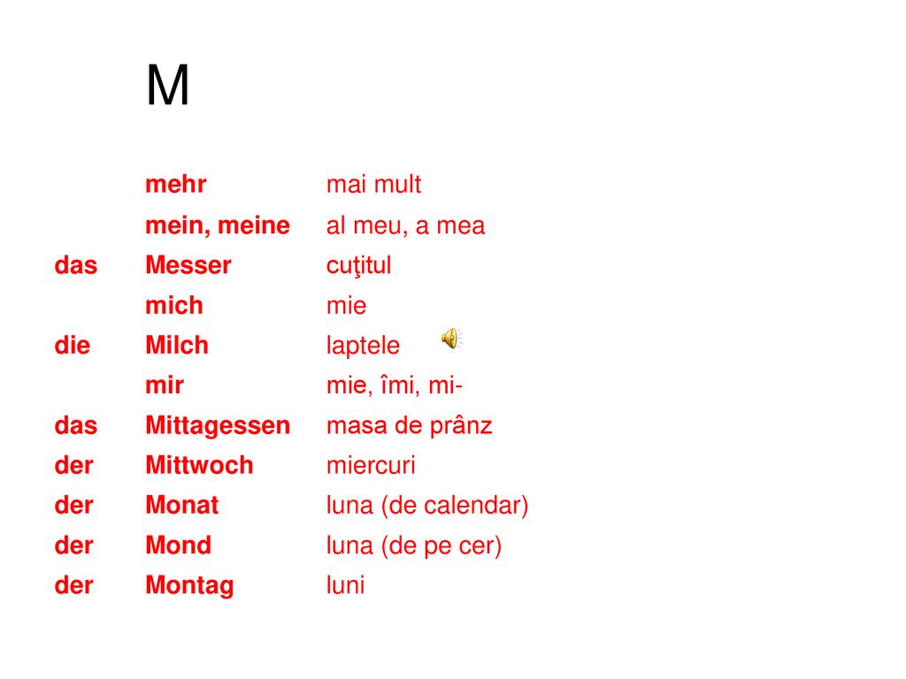 M mehr mai mult mein, meine al meu, a mea das Messer cuţitul mich mie