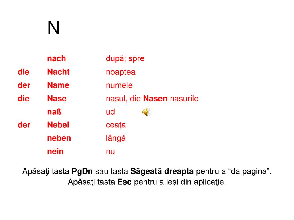 N nach după; spre die Nacht noaptea der Name numele