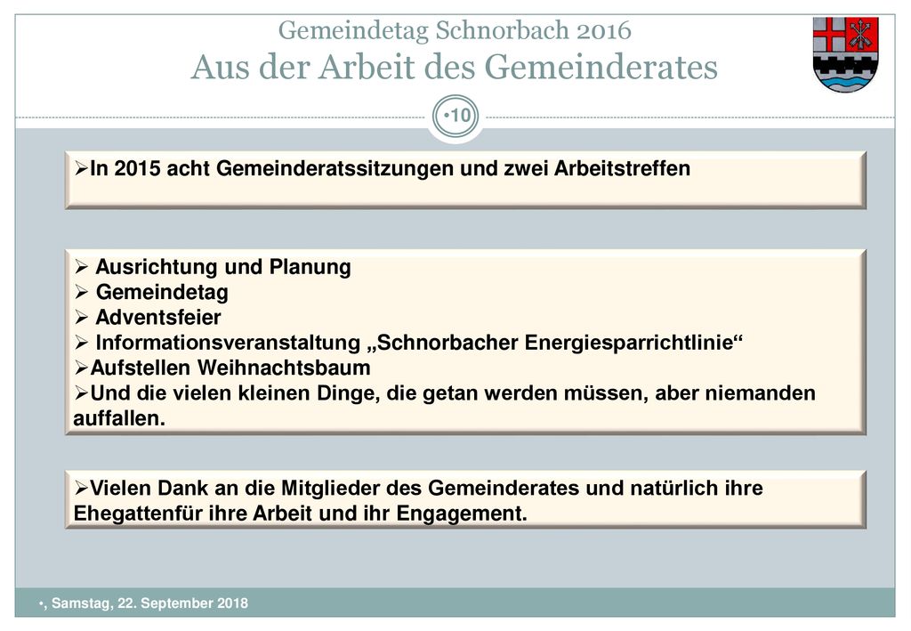 Gemeindetag Schnorbach 2016 Aus der Arbeit des Gemeinderates
