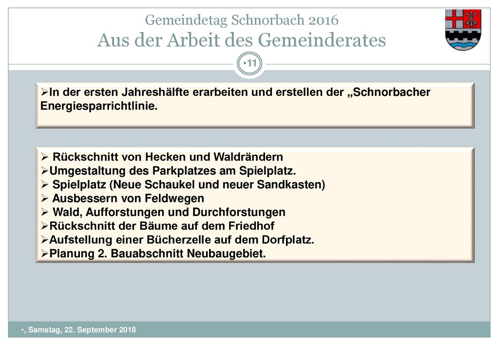 Gemeindetag Schnorbach 2016 Aus der Arbeit des Gemeinderates
